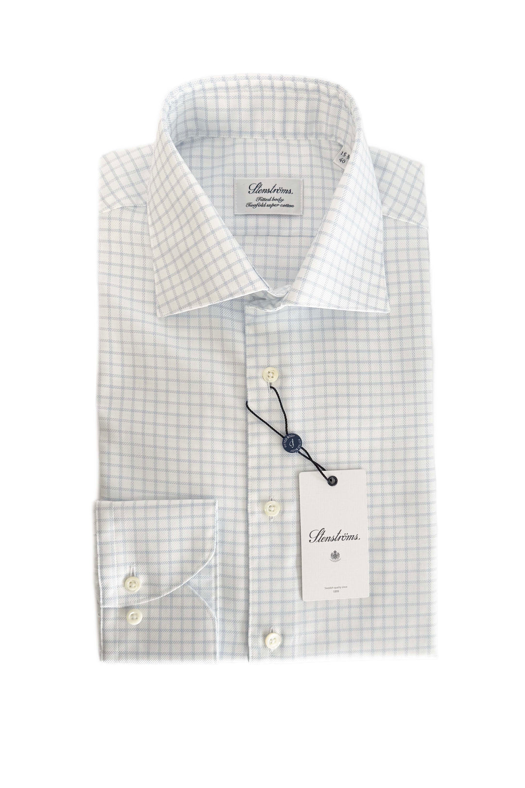 STENSTROMS LIGHT BLUE CHECKED TWILL SHIRT