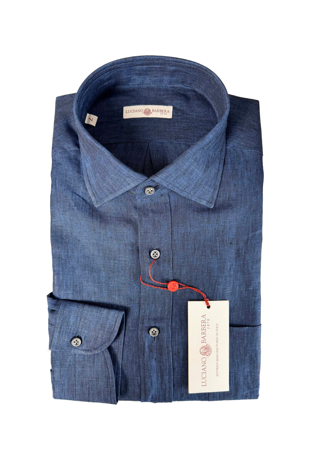 LUCIANO BARBERA SOLID NAVY LINEN SHIRT