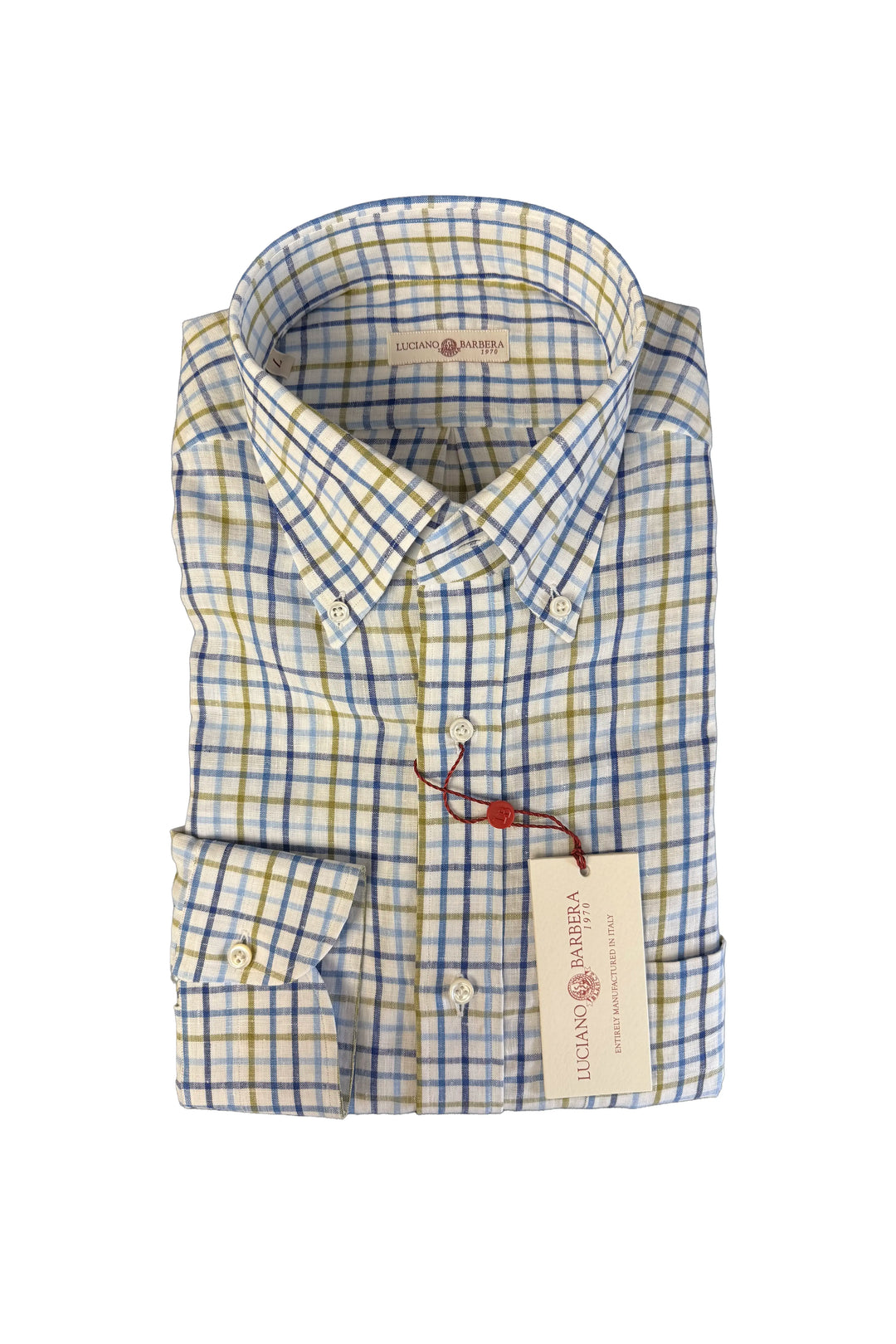LUCIANO BARBERA WHITE BLUE OLIVE LINEN SHIRT