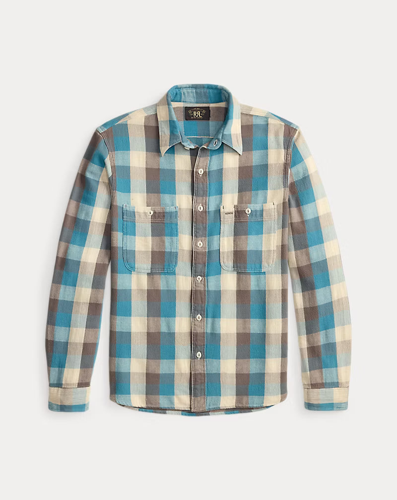 RRL Plaid Twill Workshirt in Blue & Cream | Lawrence Covell
