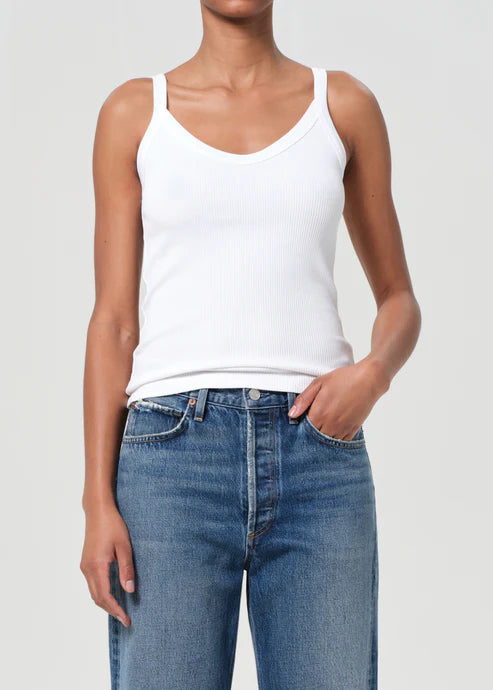 Person wearing a white tank top and blue jeans on a plain background