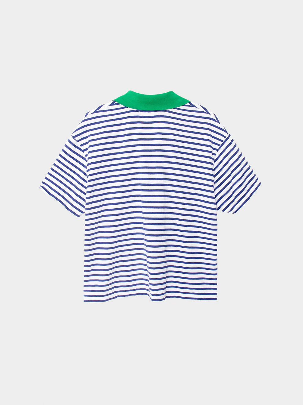 Striped polo shirt with green collar on a light gray background