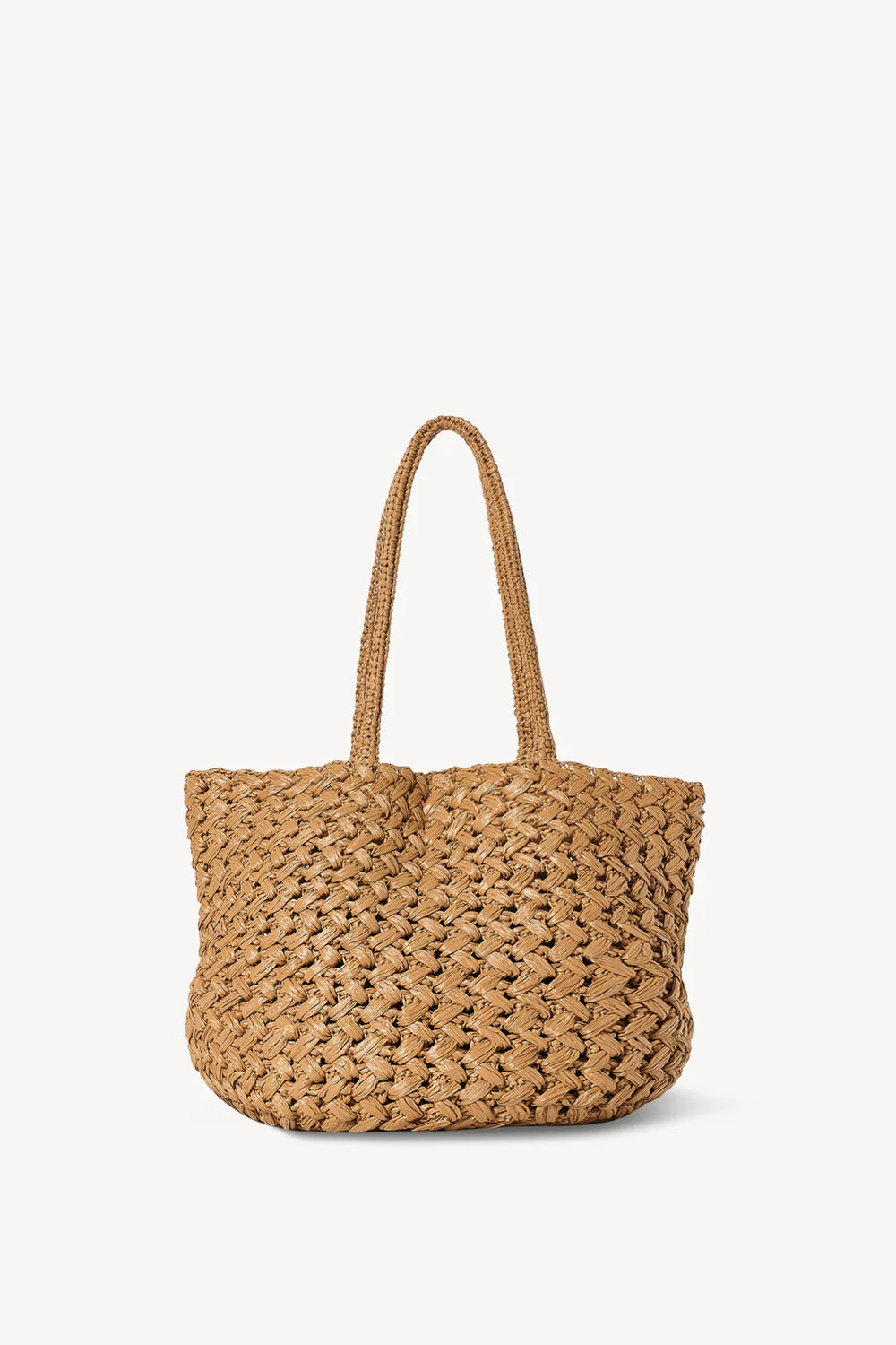 Woven brown handbag on a white background