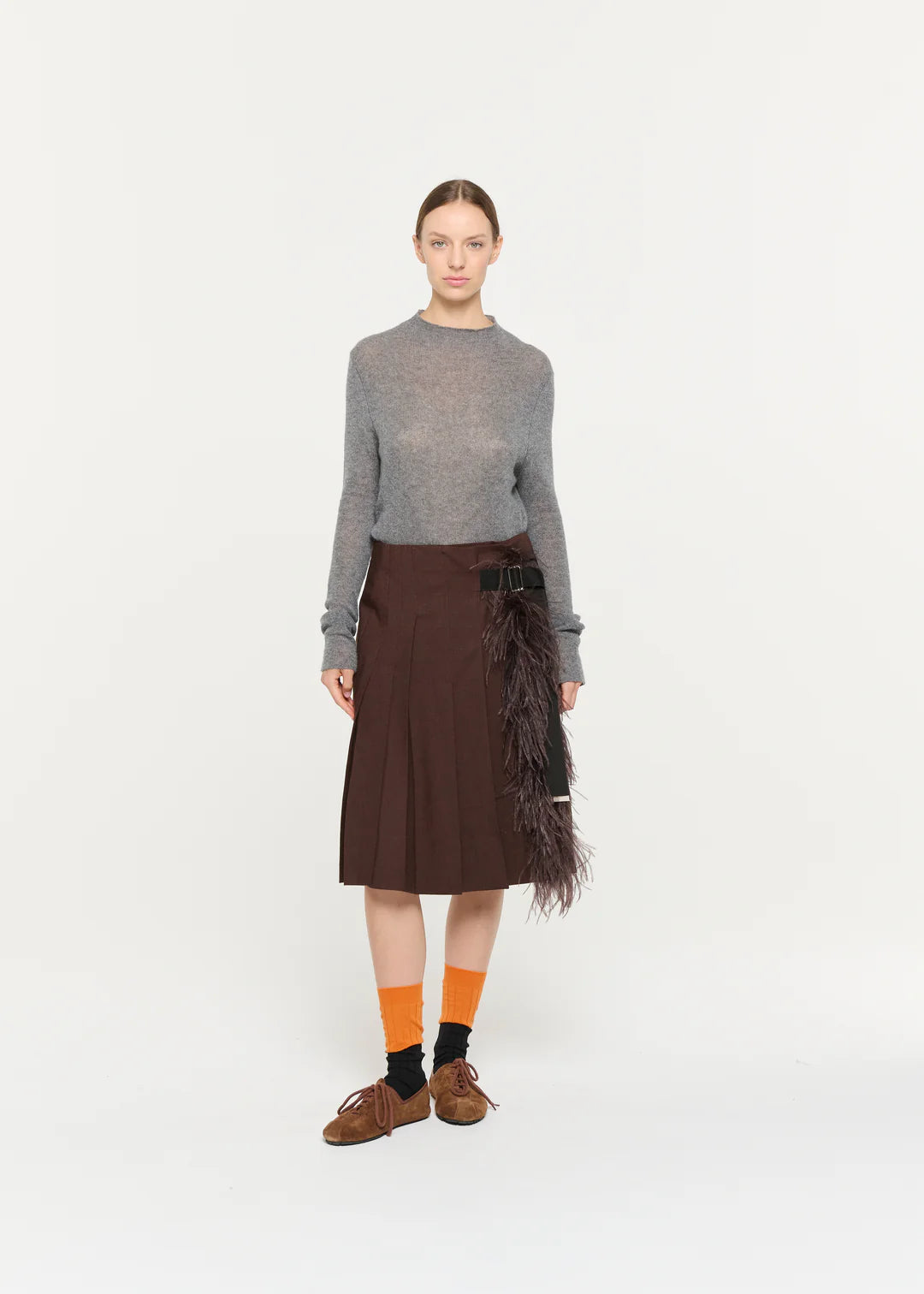 PLAN C PLEATED MIDI SKIRT WITH FEATERS