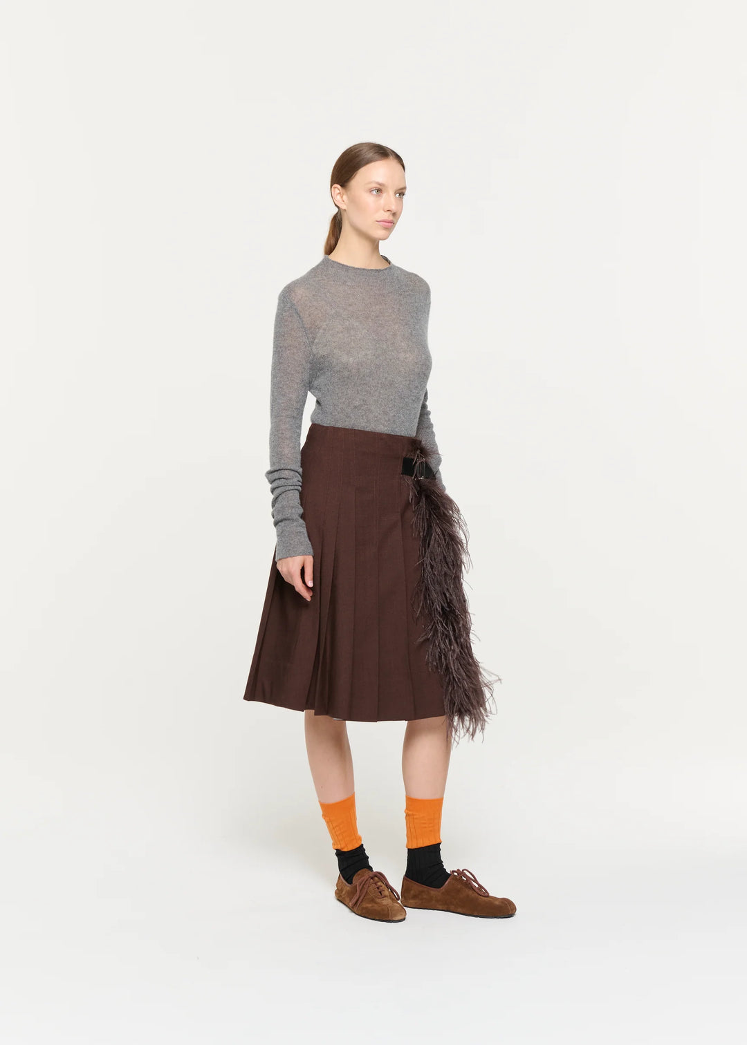 PLAN C PLEATED MIDI SKIRT WITH FEATERS