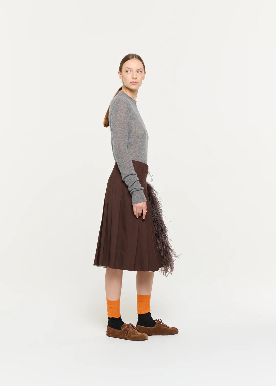 PLAN C PLEATED MIDI SKIRT WITH FEATERS