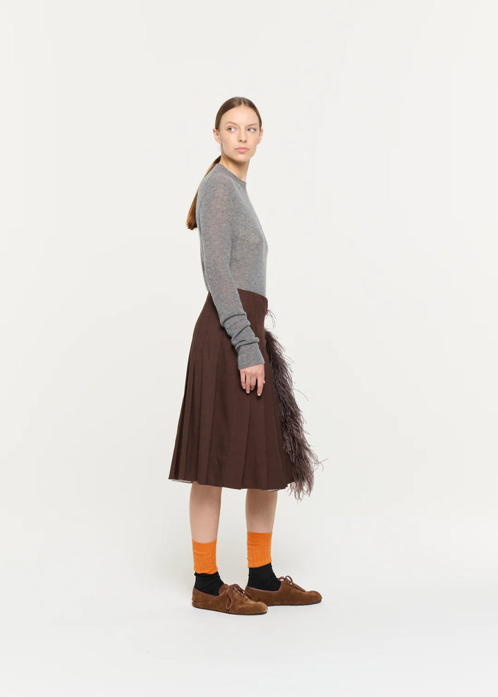 PLAN C PLEATED MIDI SKIRT WITH FEATERS