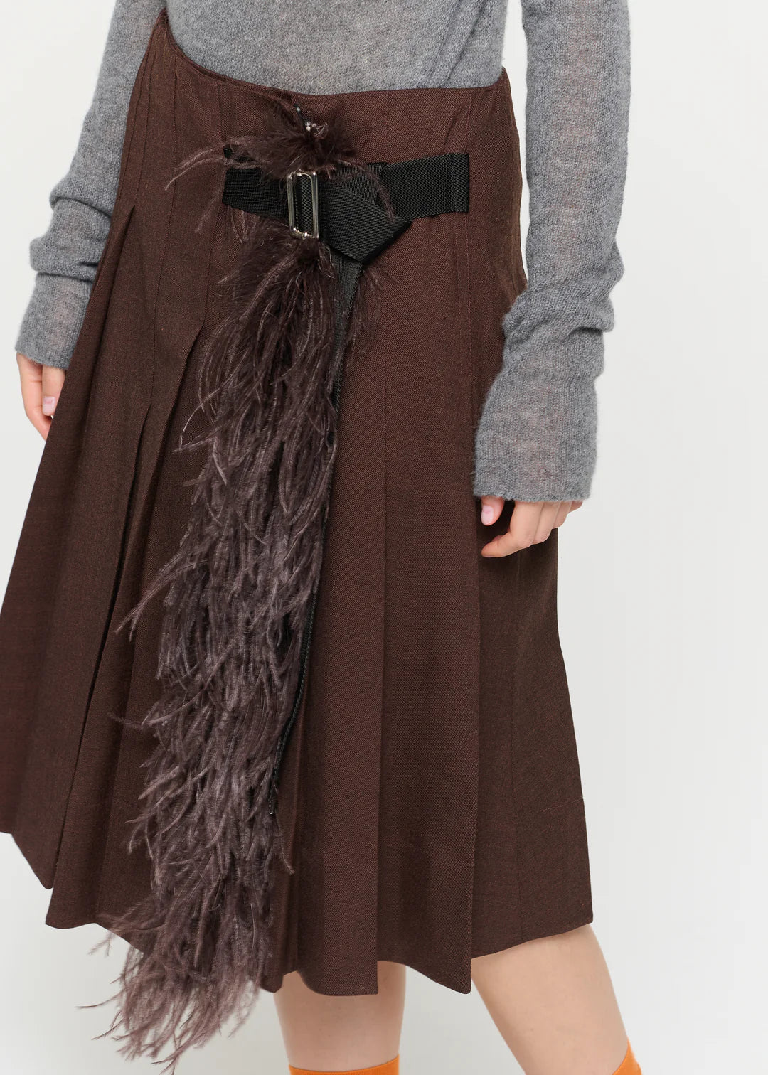 PLAN C PLEATED MIDI SKIRT WITH FEATERS