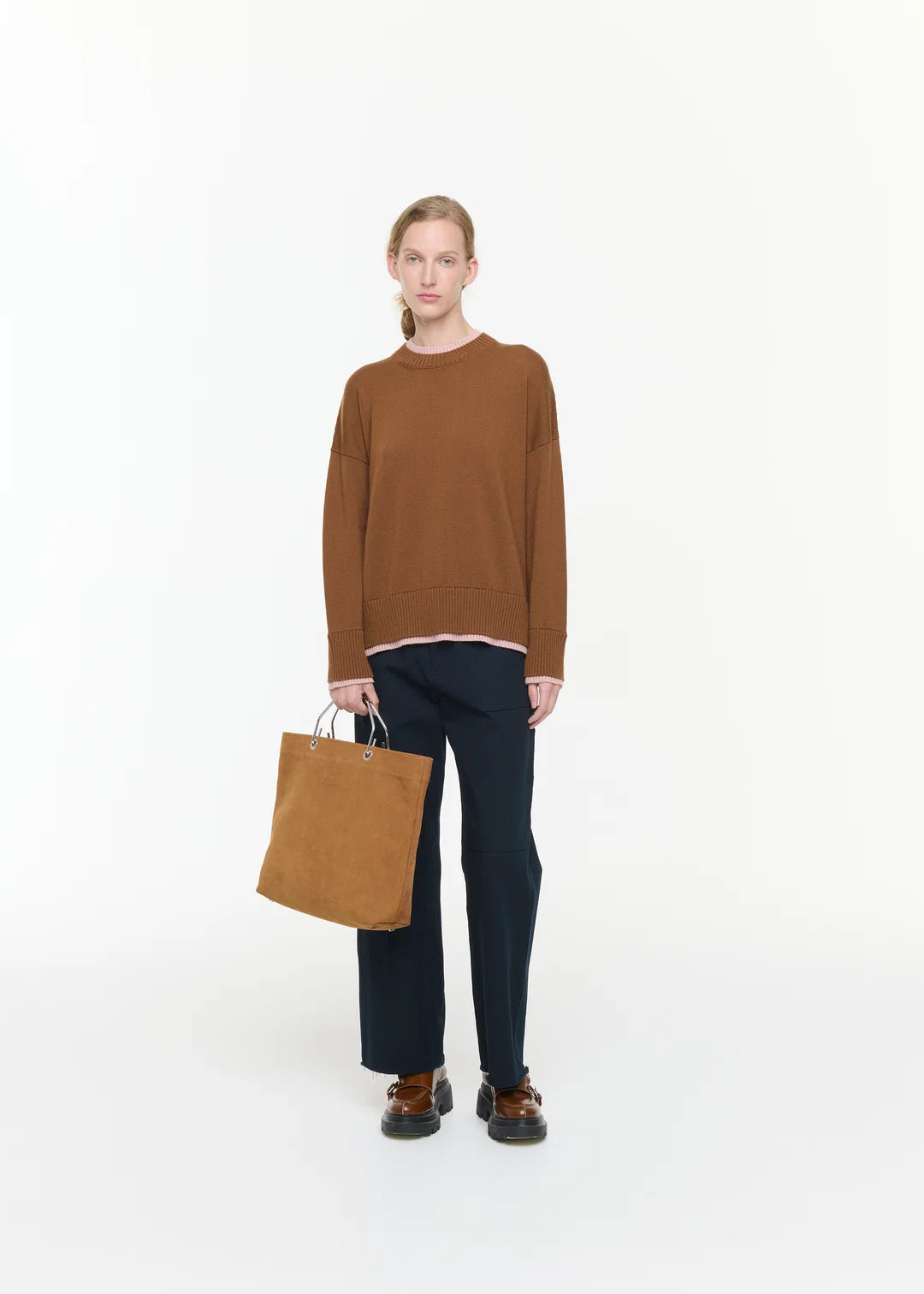PLAN C BROWN WOOL SWEATER WITH PINK CONTRAST DETAILS