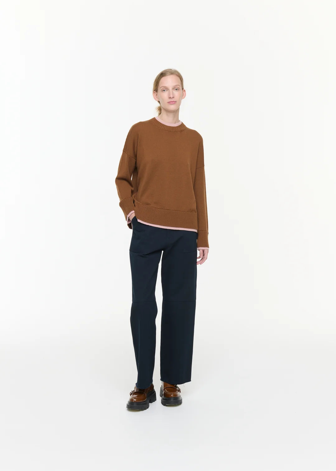 PLAN C BROWN WOOL SWEATER WITH PINK CONTRAST DETAILS