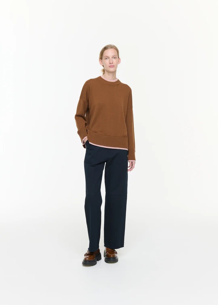 PLAN C BROWN WOOL SWEATER WITH PINK CONTRAST DETAILS