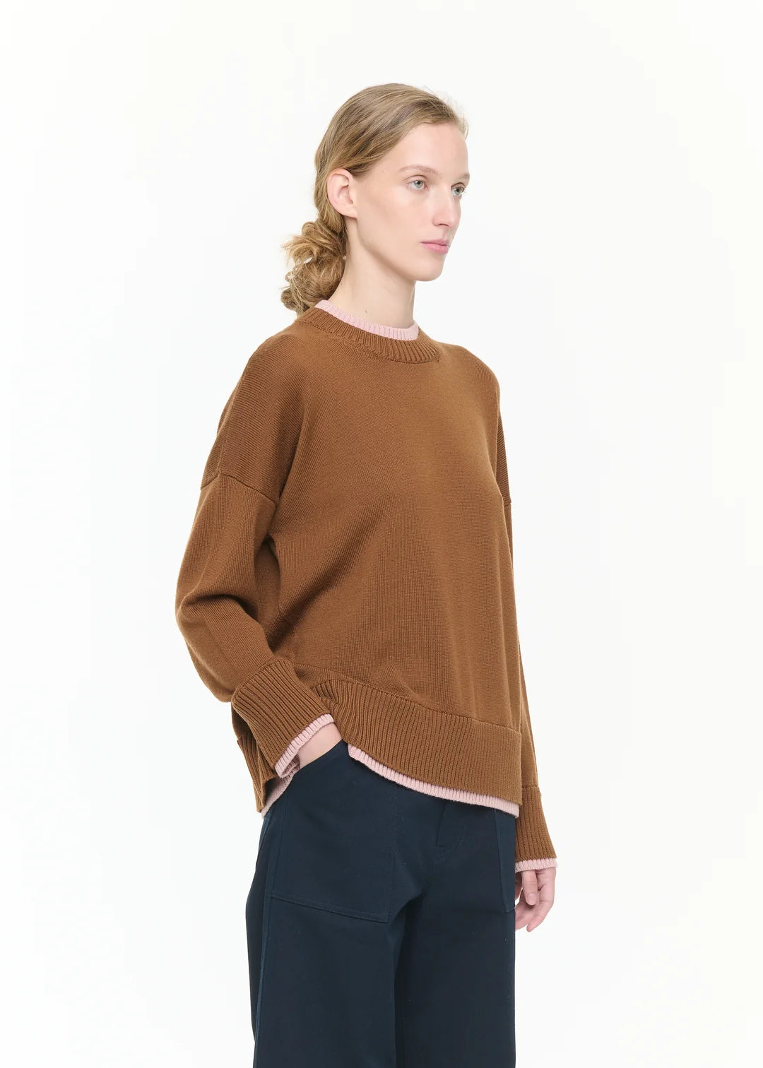 PLAN C BROWN WOOL SWEATER WITH PINK CONTRAST DETAILS