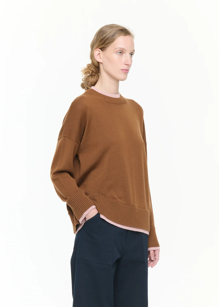 PLAN C BROWN WOOL SWEATER WITH PINK CONTRAST DETAILS