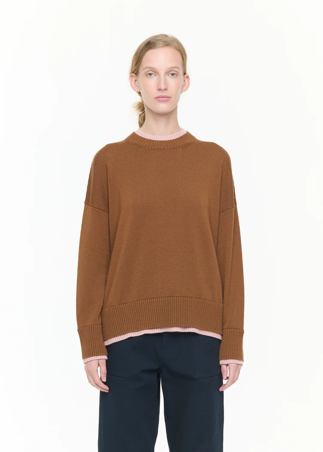 PLAN C BROWN WOOL SWEATER WITH PINK CONTRAST DETAILS