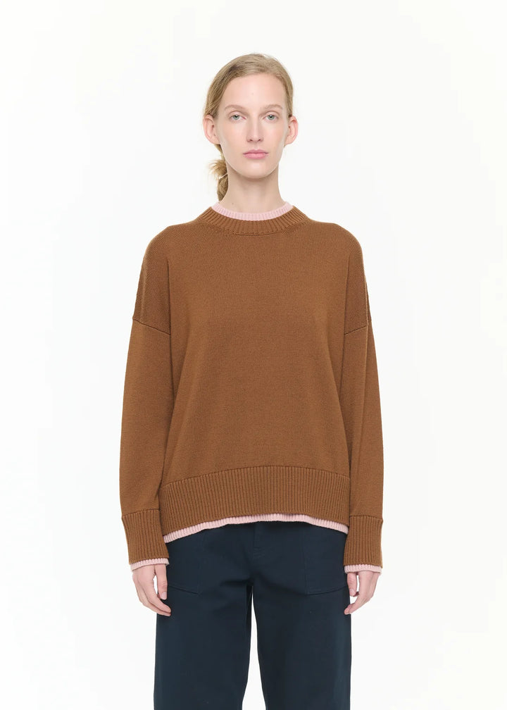 PLAN C BROWN WOOL SWEATER WITH PINK CONTRAST DETAILS