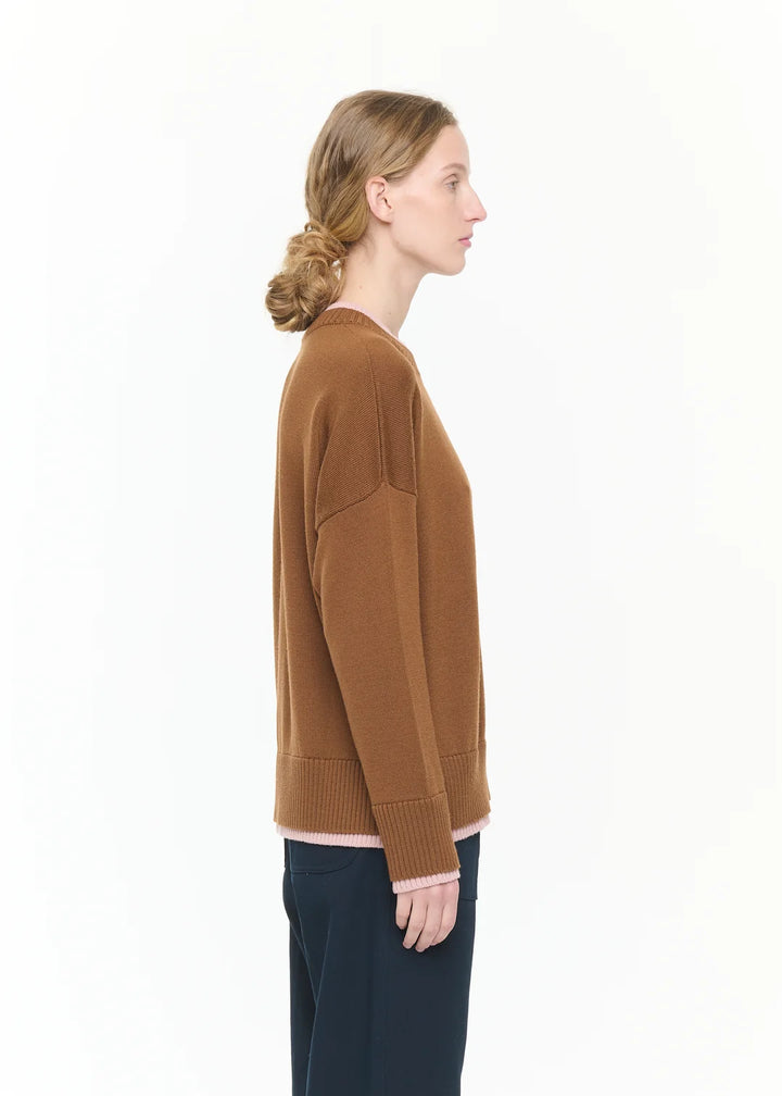 PLAN C BROWN WOOL SWEATER WITH PINK CONTRAST DETAILS