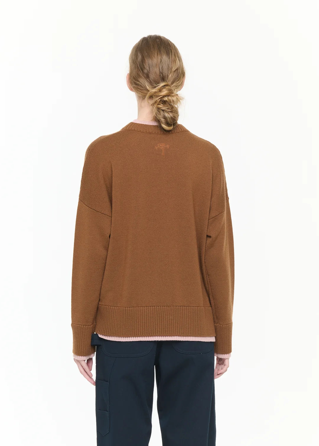PLAN C BROWN WOOL SWEATER WITH PINK CONTRAST DETAILS
