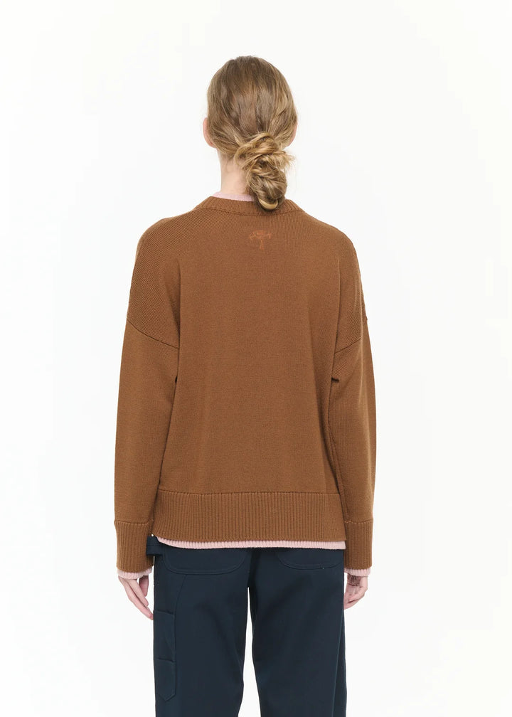 PLAN C BROWN WOOL SWEATER WITH PINK CONTRAST DETAILS