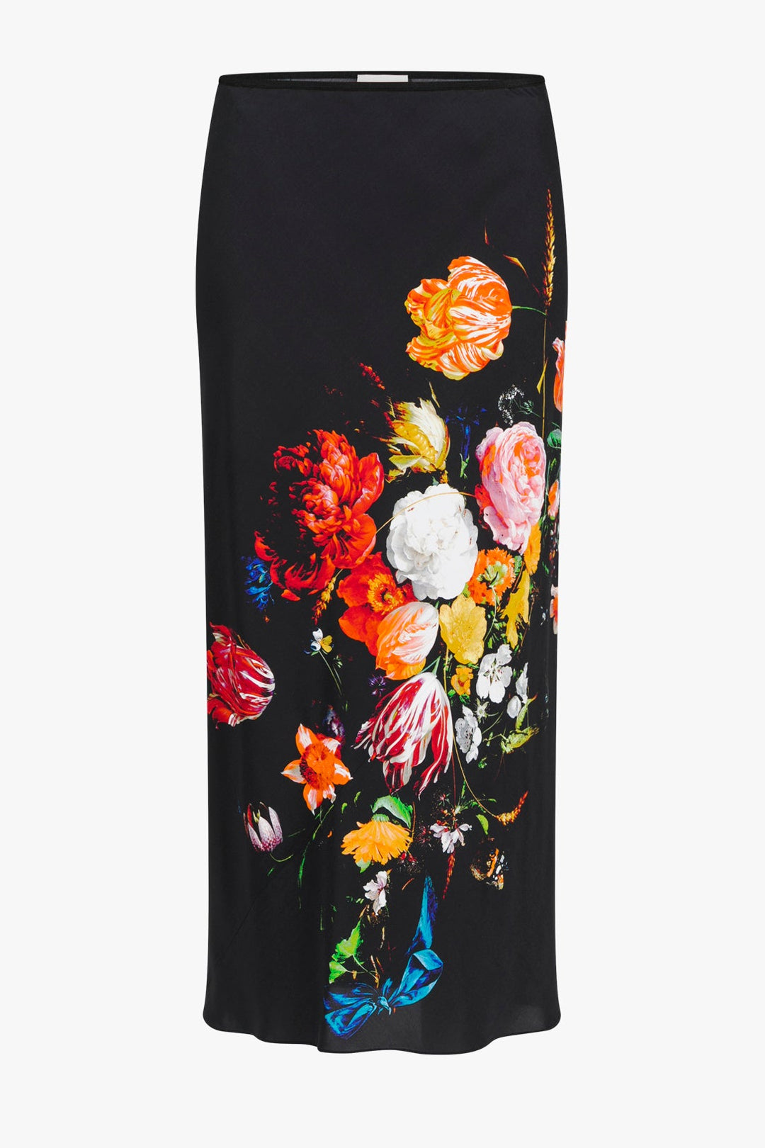 A black midi skirt featuring a vibrant, painterly floral print with red, orange, pink, yellow, and white flowers, displayed against a solid white background.