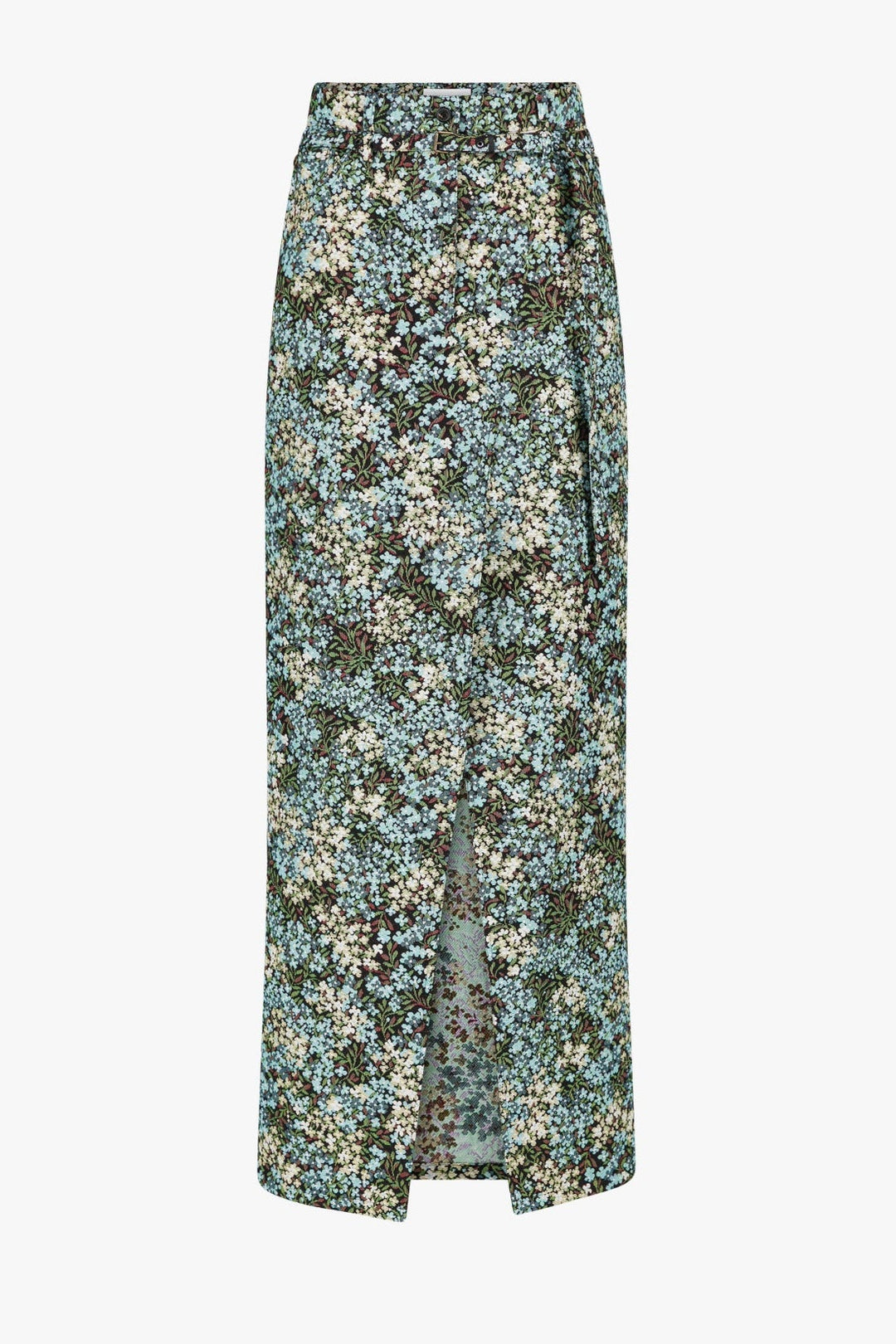 A high-waisted, midi-length wrap skirt with a dense floral print in shades of teal, olive green, cream, and brown, featuring a front slit and side pockets, shown against a plain white background.