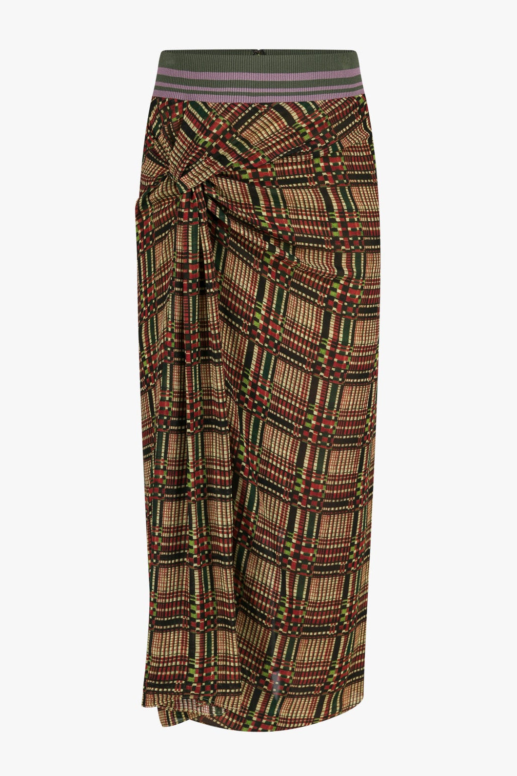 A plaid wrap midi skirt with a multicolor pattern of green, brown, red, and beige, featuring a striped waistband, shown against a plain white background.