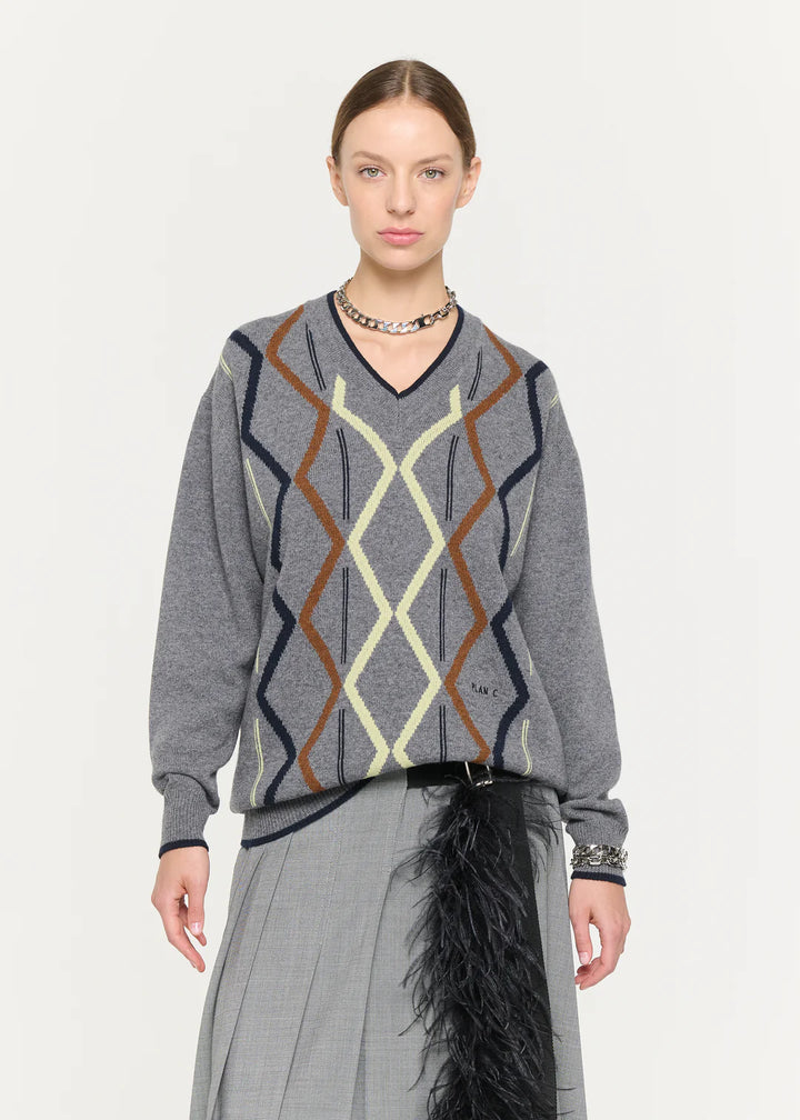 PLAN C ARGYLE CASHMERE V-NECK