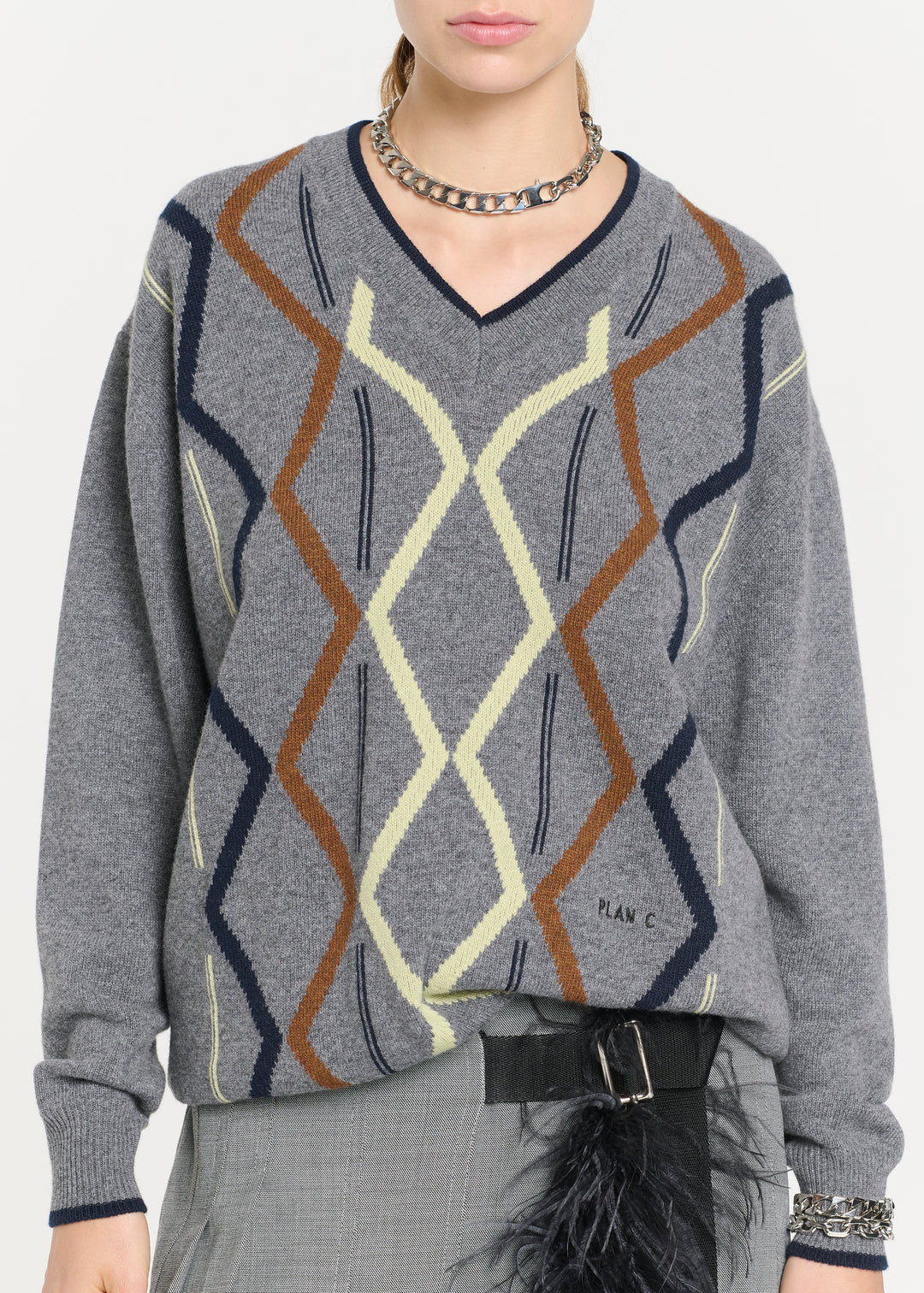 PLAN C ARGYLE CASHMERE V-NECK