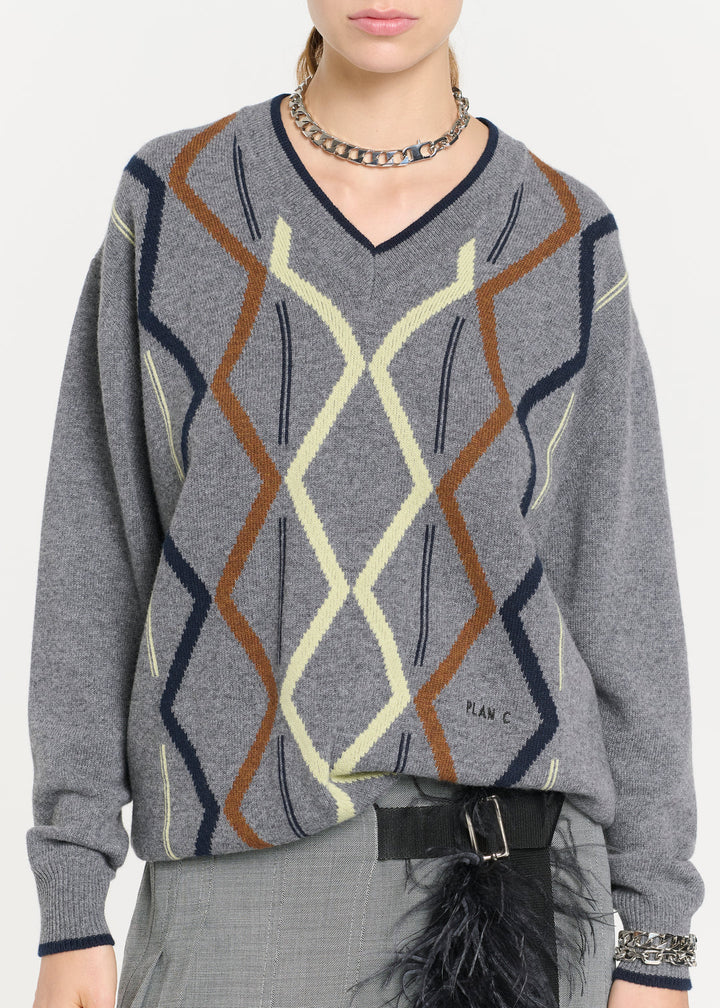 PLAN C ARGYLE CASHMERE V-NECK