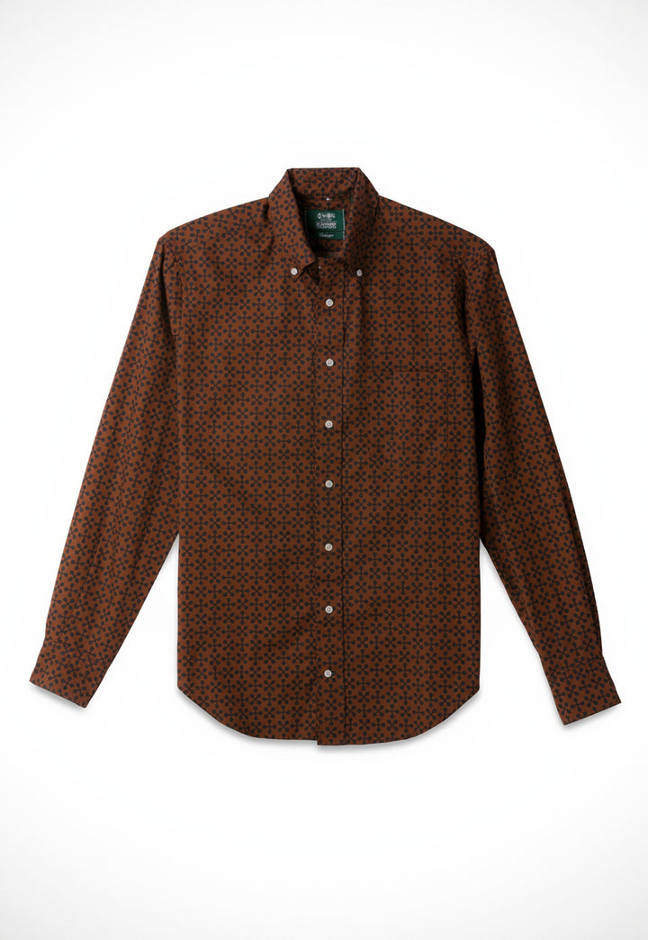 Brown patterned shirt on a white background