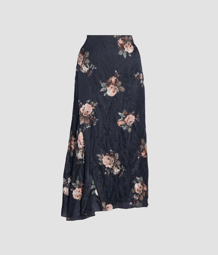 ERDEM FLORAL CRUSHED SATIN SKIRT IN BLACK