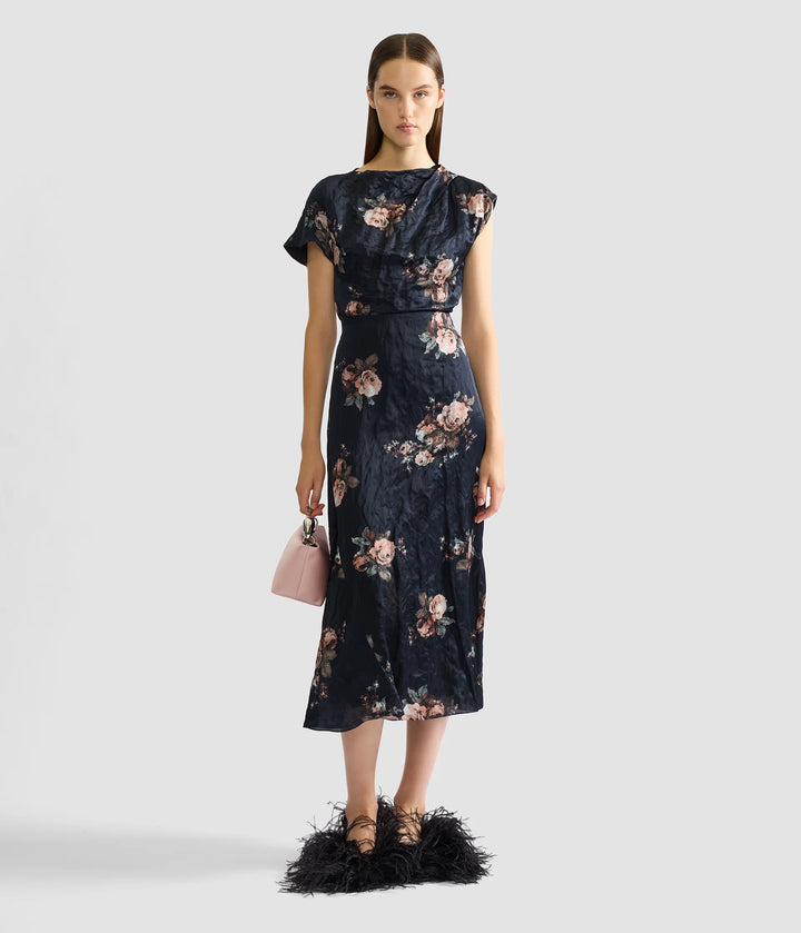 ERDEM FLORAL CRUSHED SATIN SKIRT IN BLACK