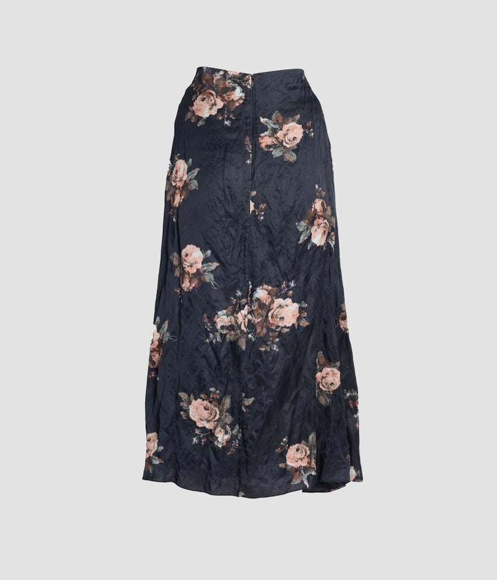 ERDEM FLORAL CRUSHED SATIN SKIRT IN BLACK