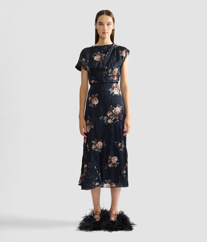 ERDEM FLORAL CRUSHED SATIN SKIRT IN BLACK