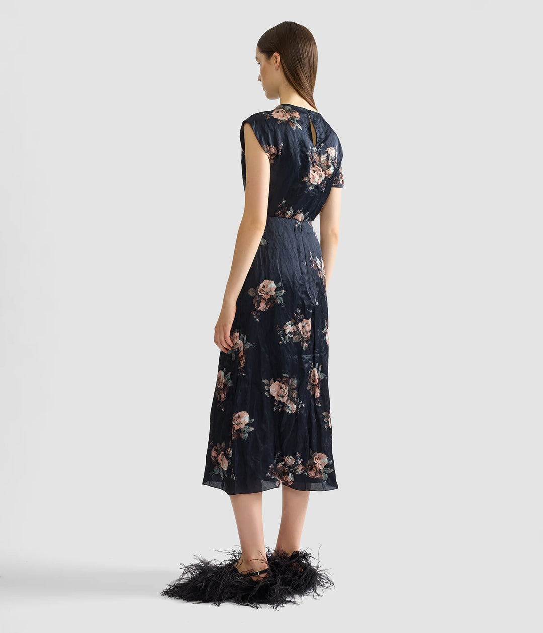 ERDEM FLORAL CRUSHED SATIN SKIRT IN BLACK
