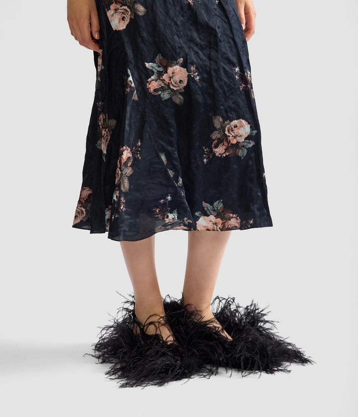 ERDEM FLORAL CRUSHED SATIN SKIRT IN BLACK