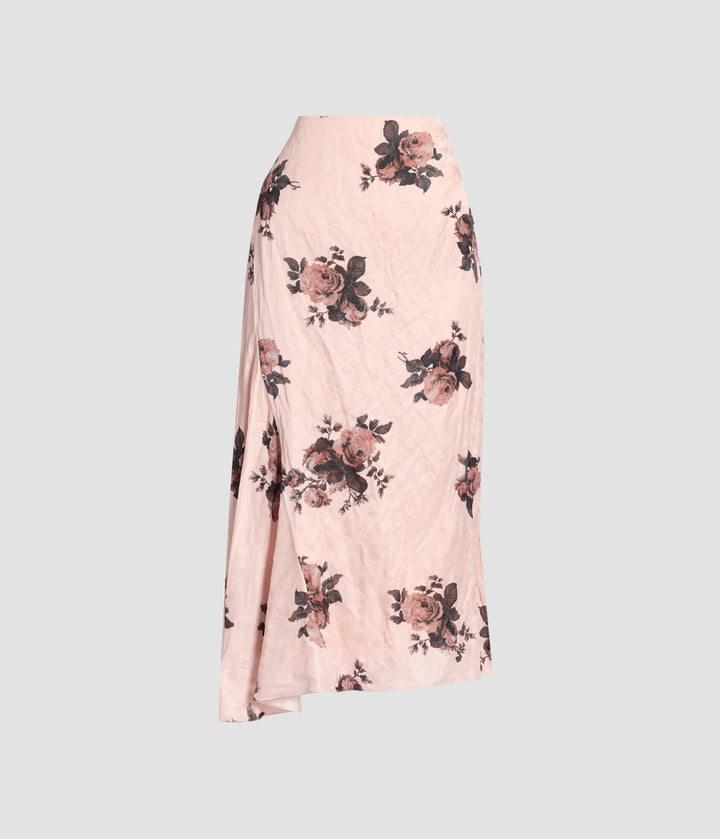 ERDEM FLORAL CRUSHED SATIN DRAPED MIDI SKIRT