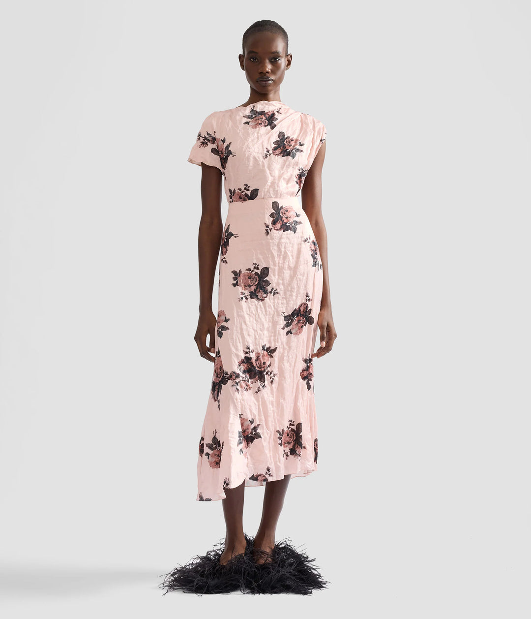 ERDEM FLORAL CRUSHED SATIN DRAPED MIDI SKIRT