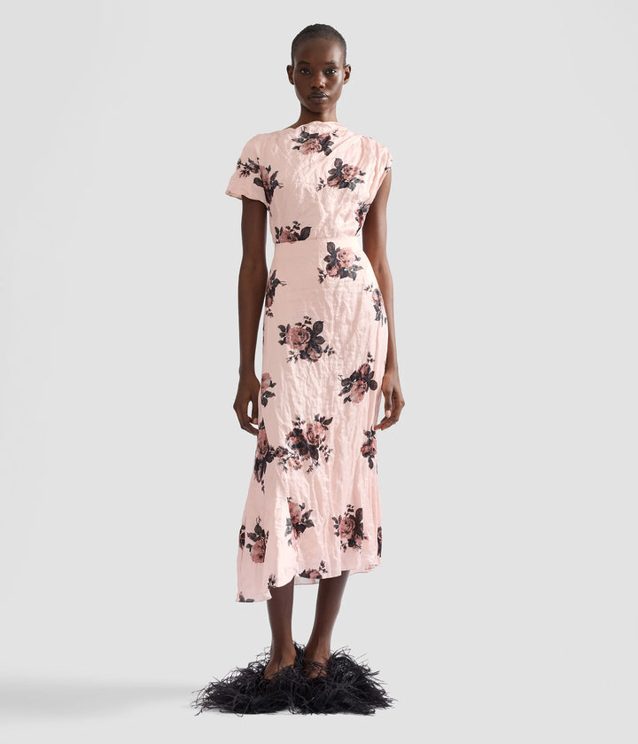 ERDEM FLORAL CRUSHED SATIN DRAPED MIDI SKIRT
