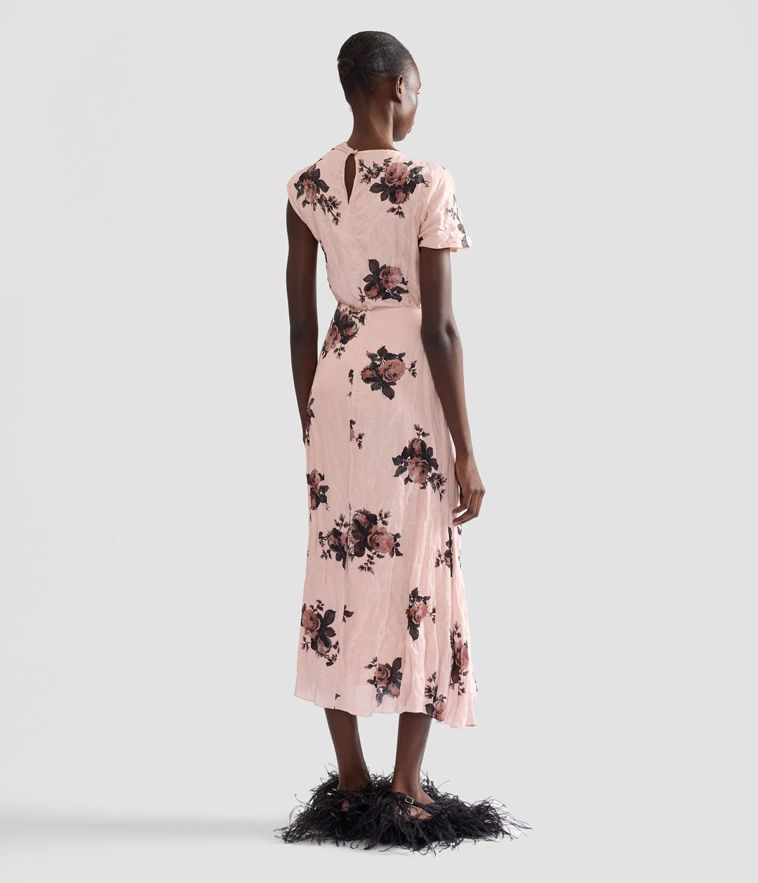 ERDEM FLORAL CRUSHED SATIN DRAPED MIDI SKIRT