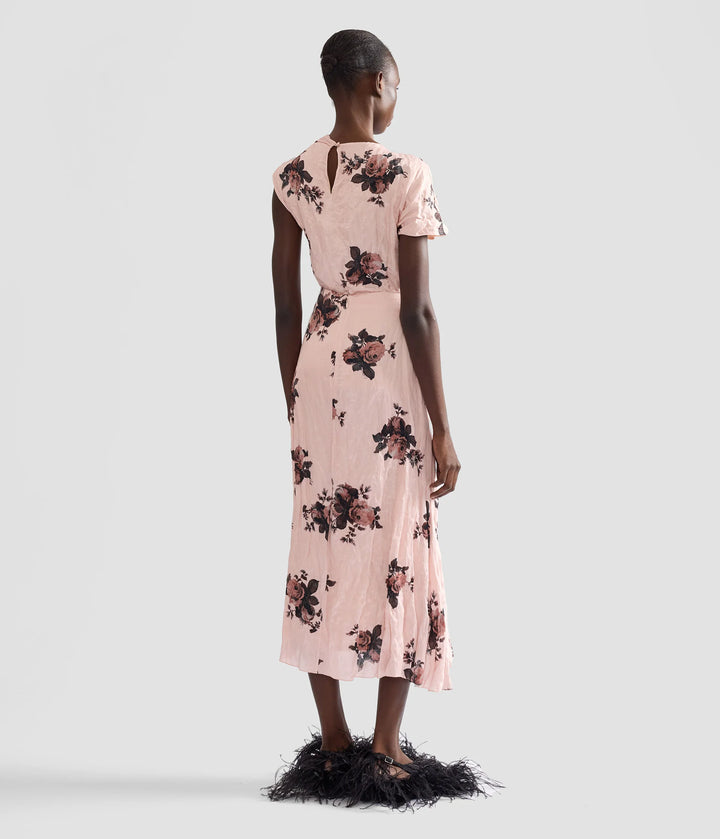 ERDEM FLORAL CRUSHED SATIN DRAPED MIDI SKIRT