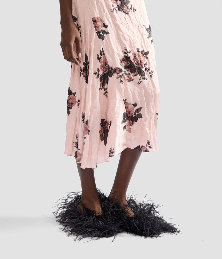 ERDEM FLORAL CRUSHED SATIN DRAPED MIDI SKIRT