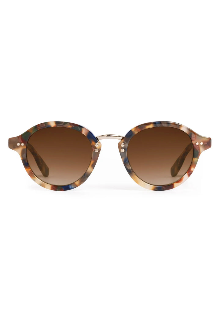 Sunglasses with tortoiseshell frame and brown lenses on a white background