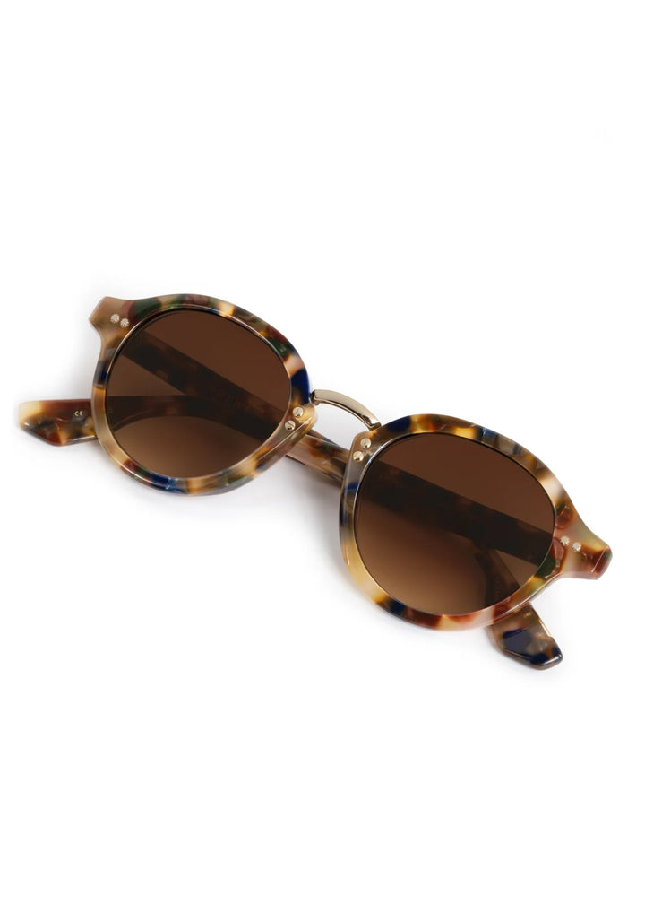 Sunglasses with tortoiseshell frame and brown lenses on a white background