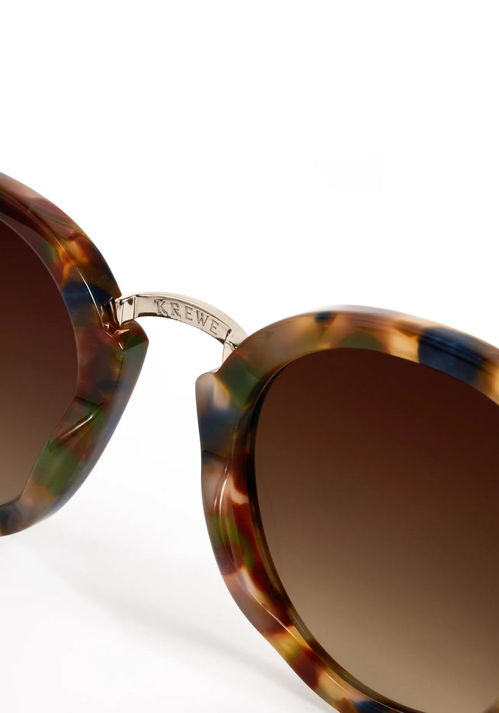 Sunglasses with tortoiseshell frame and brown lenses on a white background