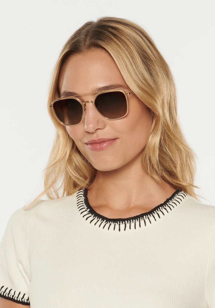 Woman wearing sunglasses with a plain background