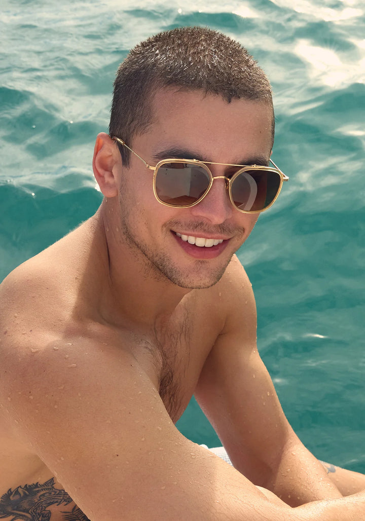 Man wearing sunglasses with a blue ocean background
