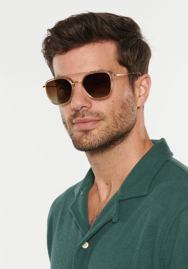 Man wearing sunglasses and a green shirt on a white background