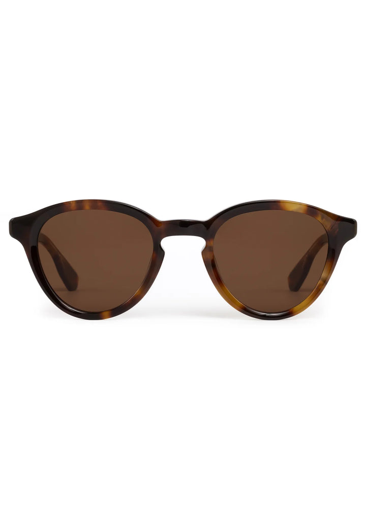 Sunglasses with tortoiseshell frame and brown lenses on a white background