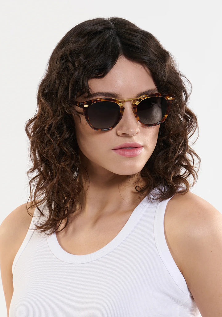 Woman wearing tortoiseshell sunglasses against a white background