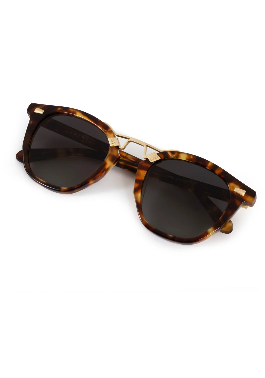 Tortoiseshell sunglasses with dark lenses on a white background